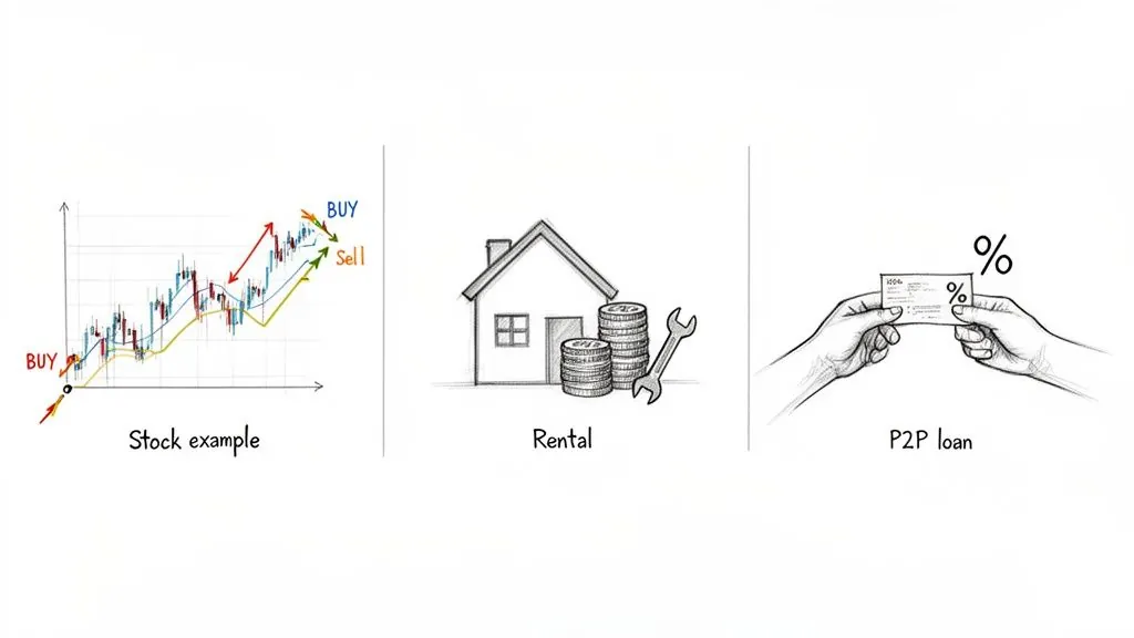 Visual examples of different investment opportunities: stocks, rental properties, and peer-to-peer lending.