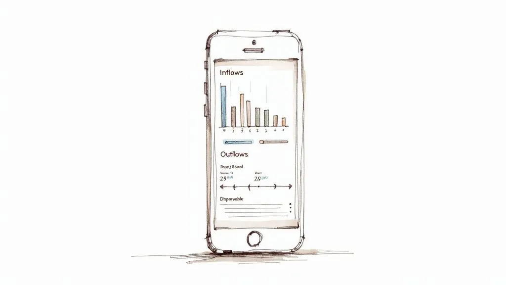 A hand-drawn sketch of a smartphone showing 'Inflows' and 'Outflows' financial data charts.