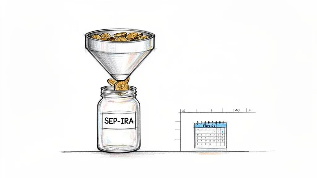 A funnel pours gold coins into a glass jar labeled 'SEP-IRA' next to a calendar.