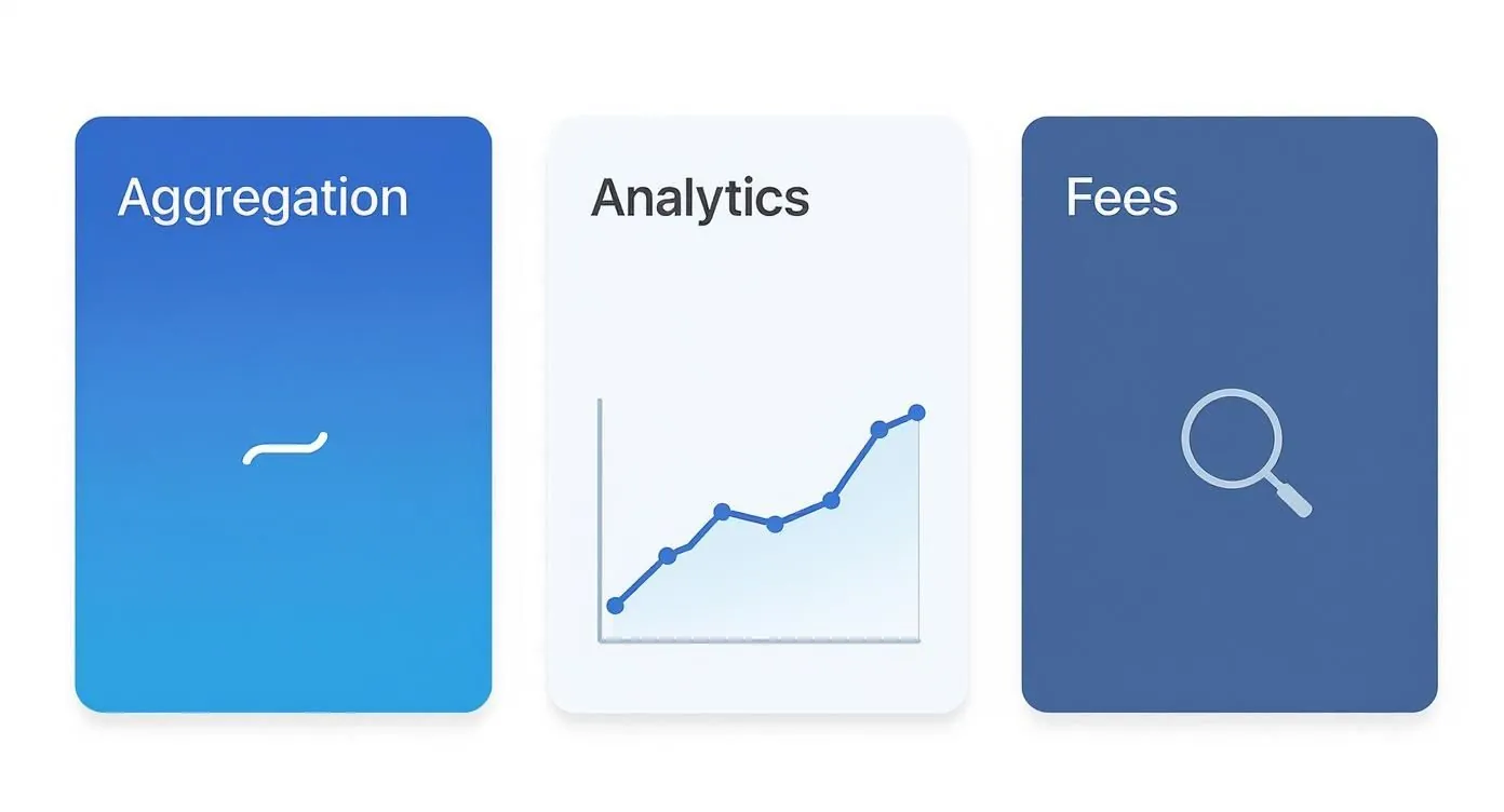Infographic summarizing key software metrics for portfolio management: Aggregation, Analytics, and Fees.