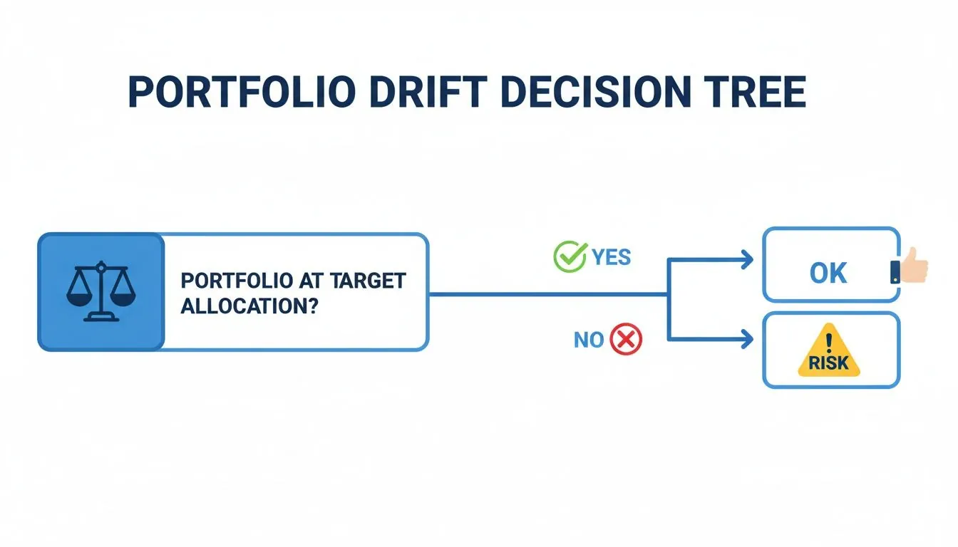 A decision tree diagram illustrating portfolio drift, asking if the portfolio is at target allocation.