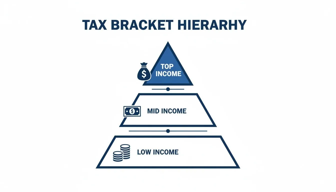 A pyramid chart illustrating the tax bracket hierarchy with top, mid, and low income levels.