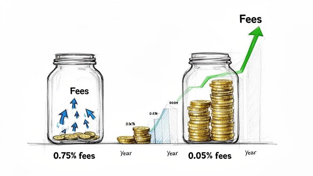 An illustration comparing high fees (0.75%) depleting funds versus low fees (0.05%) allowing significant investment growth.