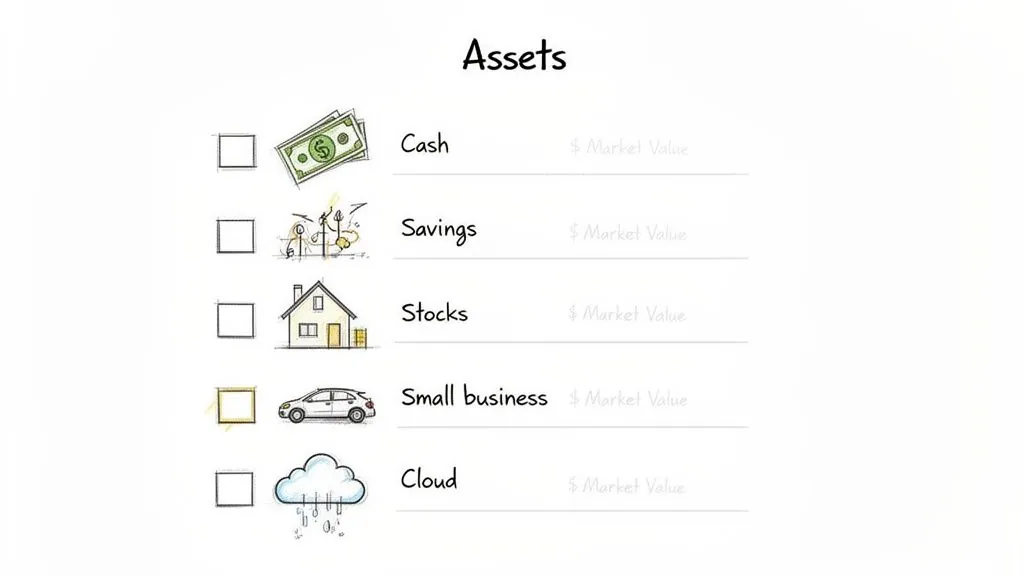 A checklist titled 'Assets' displaying various financial assets like cash, savings, stocks, and business, with market value fields.