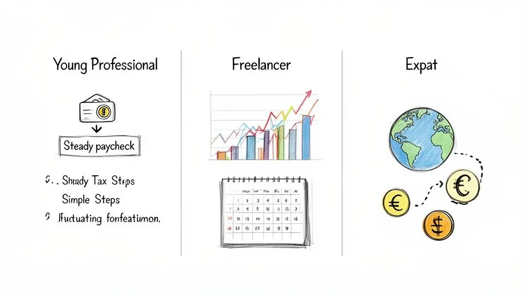 Illustrations comparing financial profiles and tax steps for young professionals, freelancers, and expats.