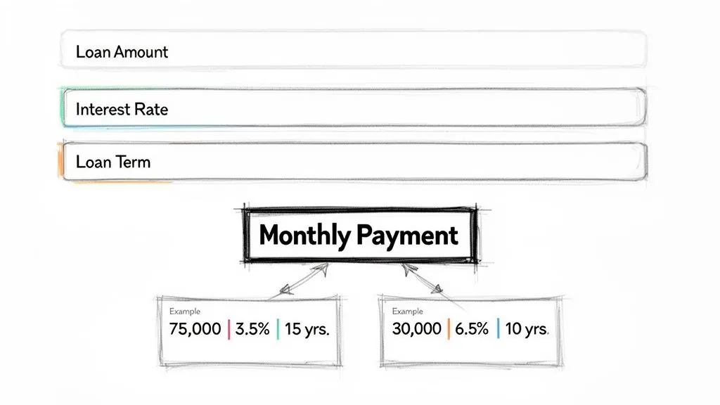Sketch diagram illustrating a loan payment calculator, showing inputs for amount, rate, term and monthly payment examples.