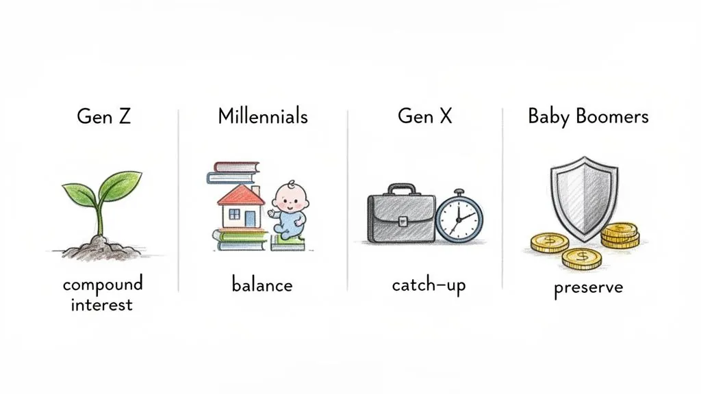 Illustrations show financial focuses for Gen Z (compound interest), Millennials (balance), Gen X (catch-up), and Baby Boomers (preserve).