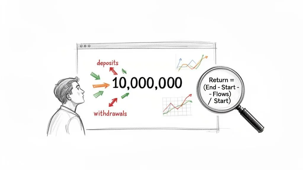 Illustration of a man analyzing investment returns with deposits, withdrawals, and a return formula.