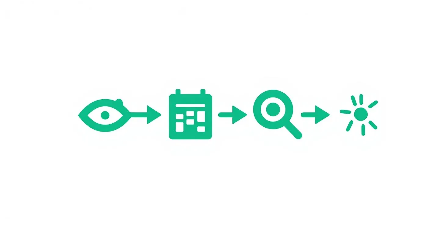 A green sequence of icons: eye, calendar, magnifying glass, and sun, connected by arrows, depicting a process.