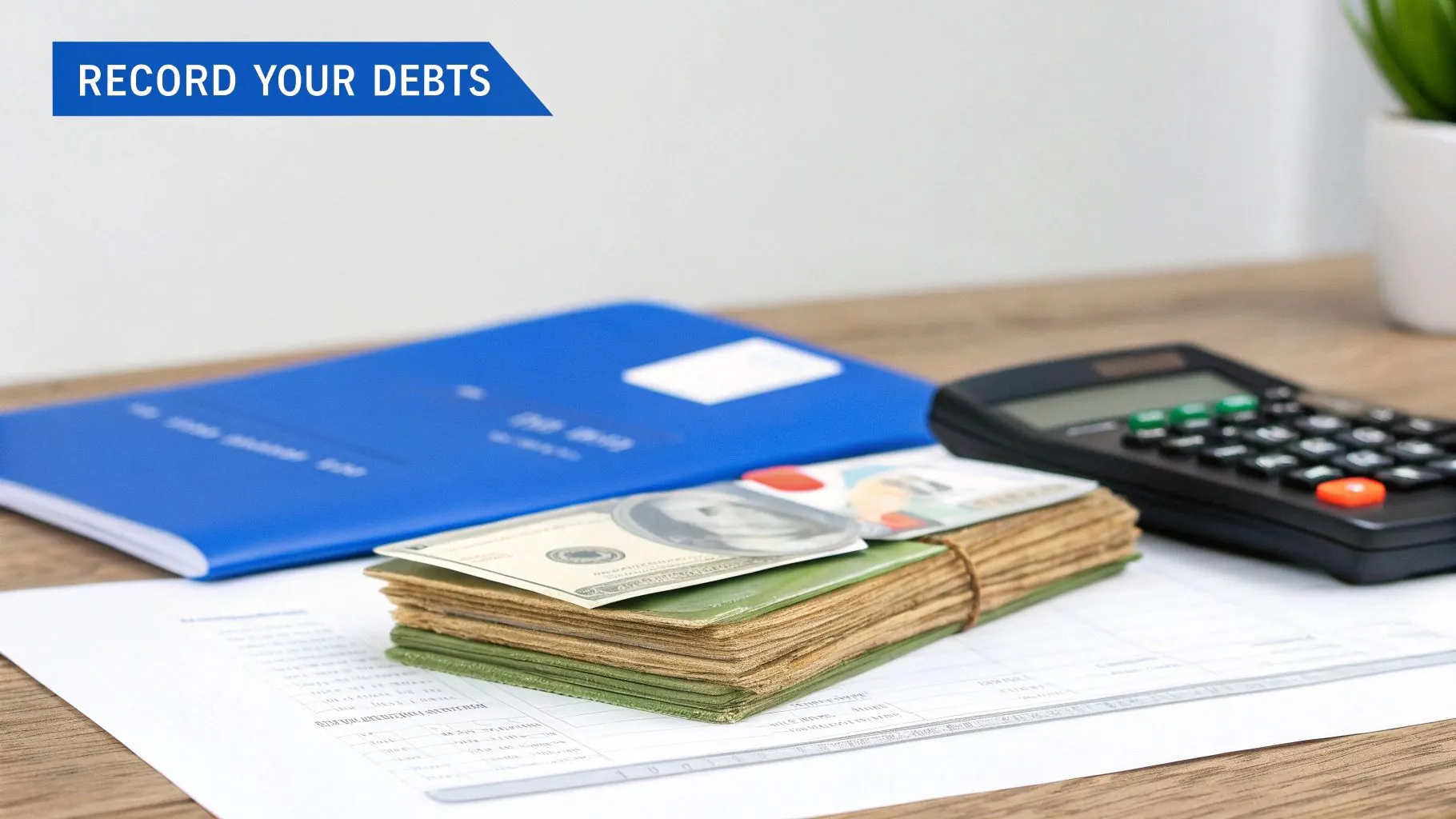 Stack of cash with calculator and blue notebook on desk for recording debts and expenses
