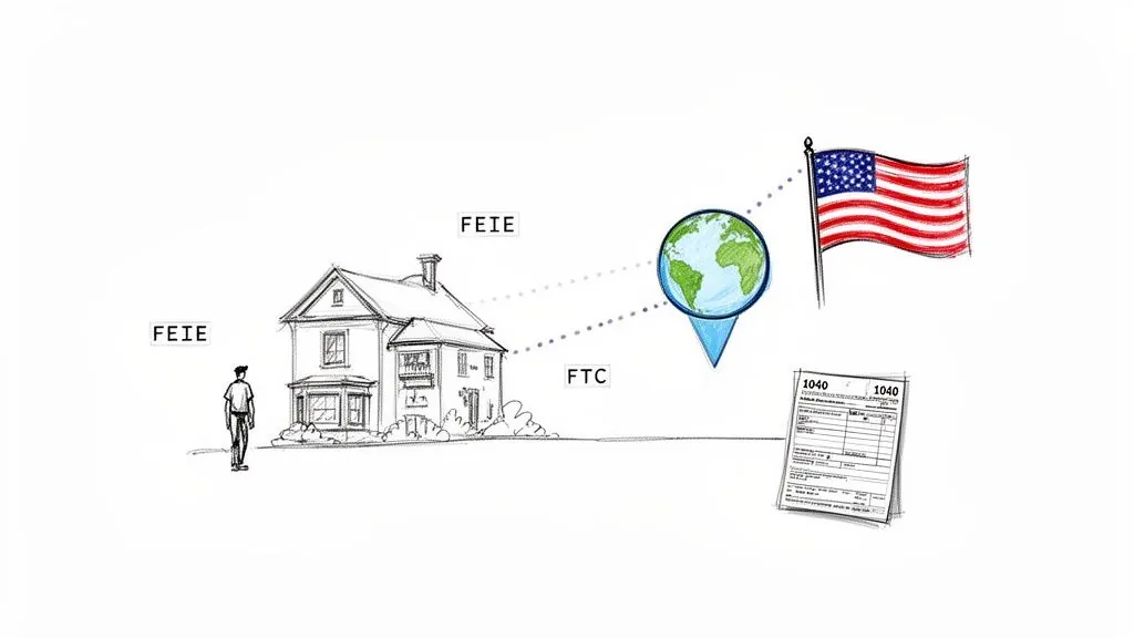 Illustration showing a person and house, a globe, US flag, and 1040 tax form with FEIE and FTC labels.
