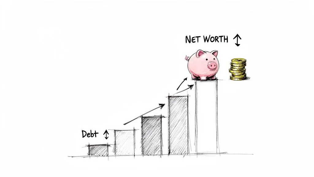 A sketch illustrating increasing debt on a bar chart leading to a piggy bank and coins, symbolizing growing net worth.