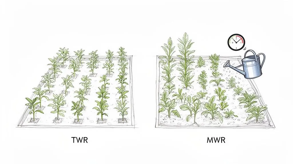 Two garden plots illustrating plant growth methods: TWR with uniform small plants, and MWR with diverse plant sizes, a watering can, and timer.