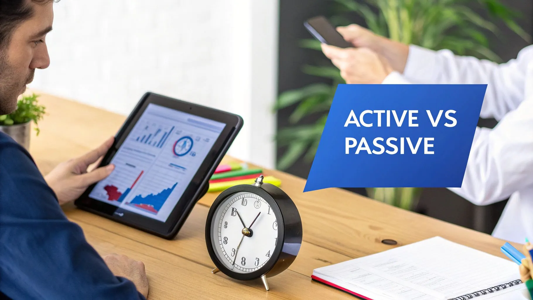 A split image showing a person working at a desk on one side, representing active income, and a growing money tree on the other side, representing passive income.