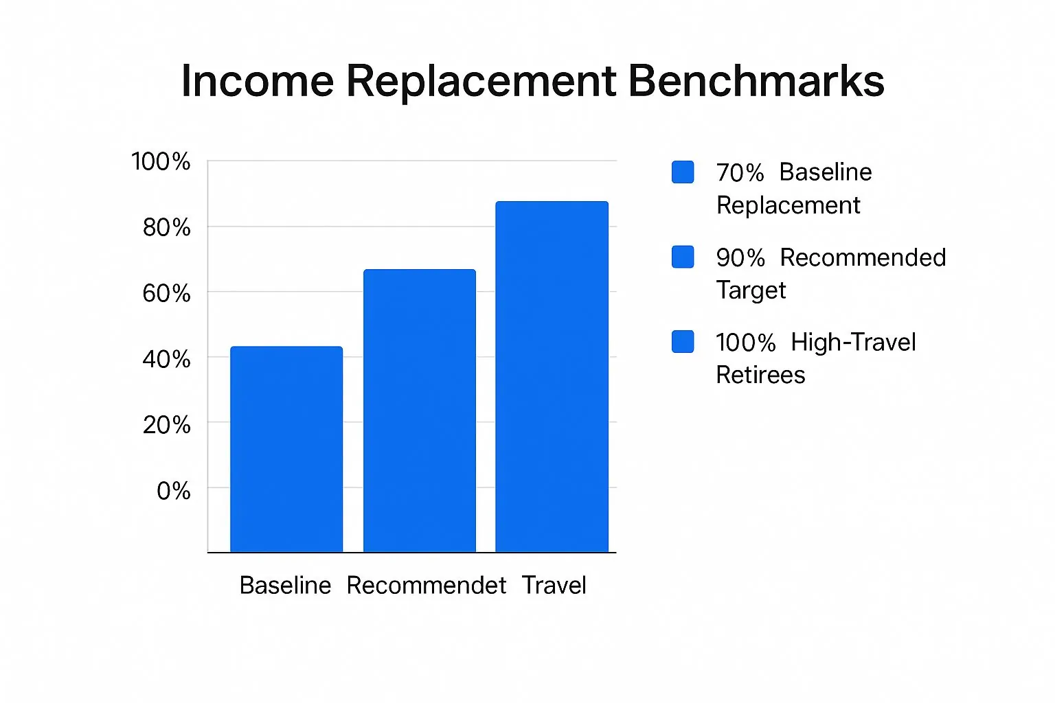 Infographic comparing retirement income replacement benchmarks: a 70% baseline, a 90% recommended target, and a 100% target for high-travel retirees.