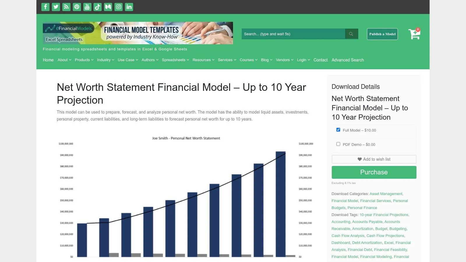 A screenshot of the eFinancialModels website showing its 10-year net worth statement template.