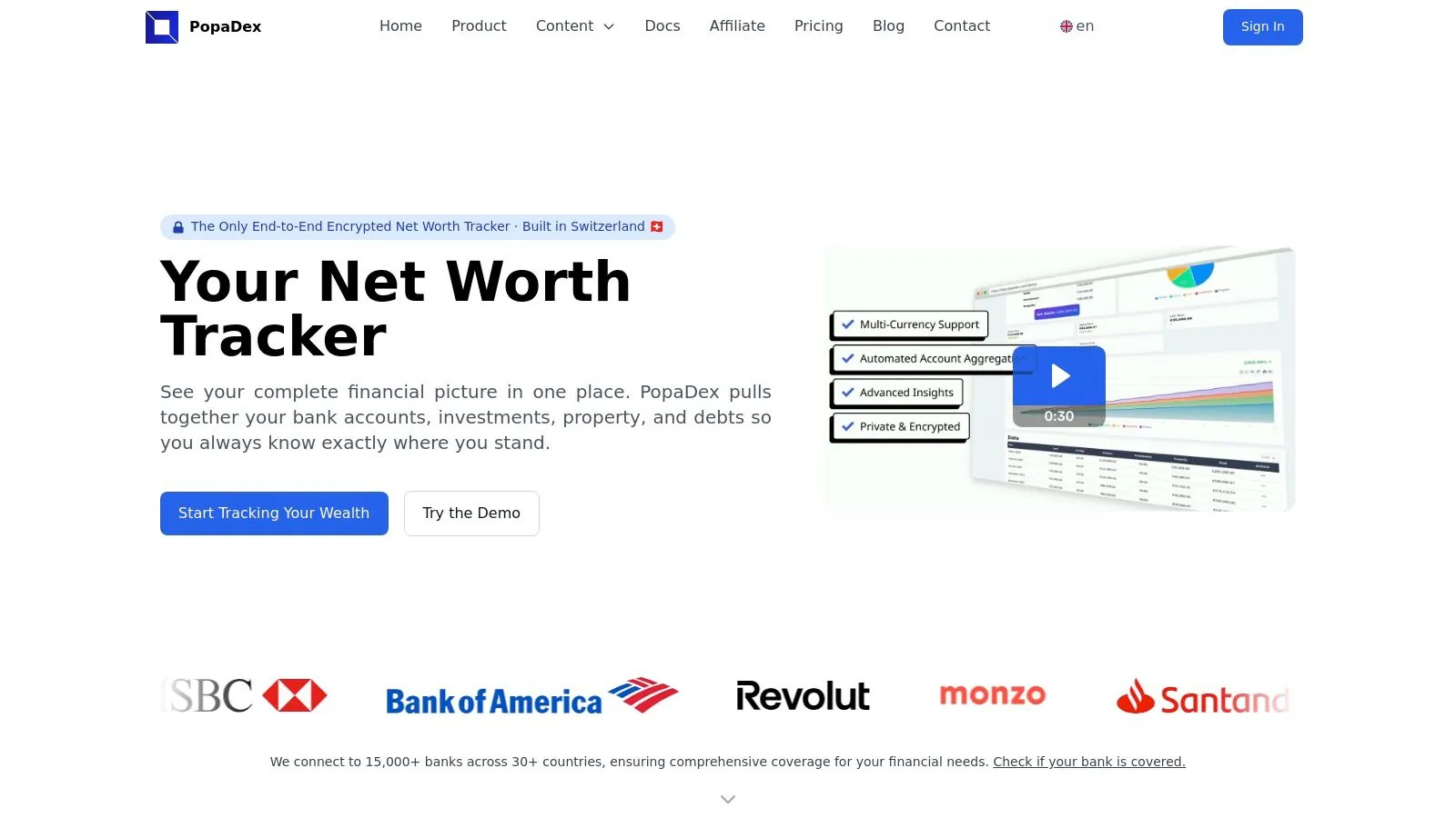 An illustration of the PopaDex financial tracking dashboard, showing net worth, cash flow, and asset allocation charts on a laptop screen.