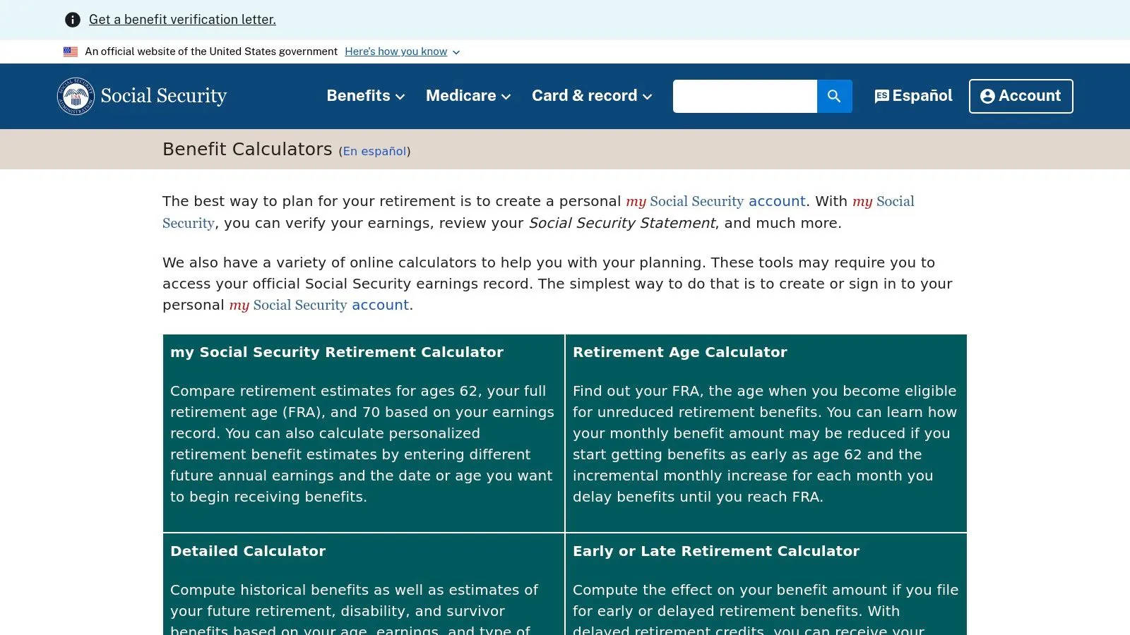 A person using the Social Security Administration's retirement calculators to plan for their future.