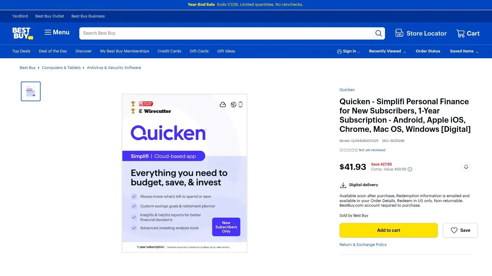 Best Buy – Quicken Simplifi 1‑Year Digital Subscription