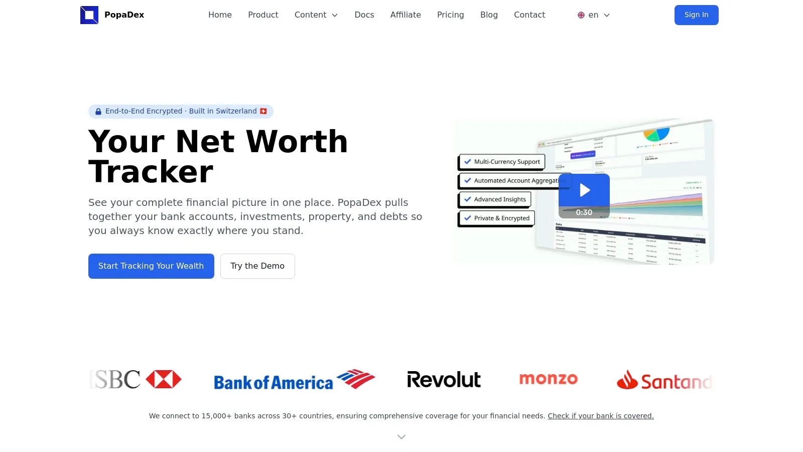 PopaDex financial dashboard showing net worth, assets, and liabilities.