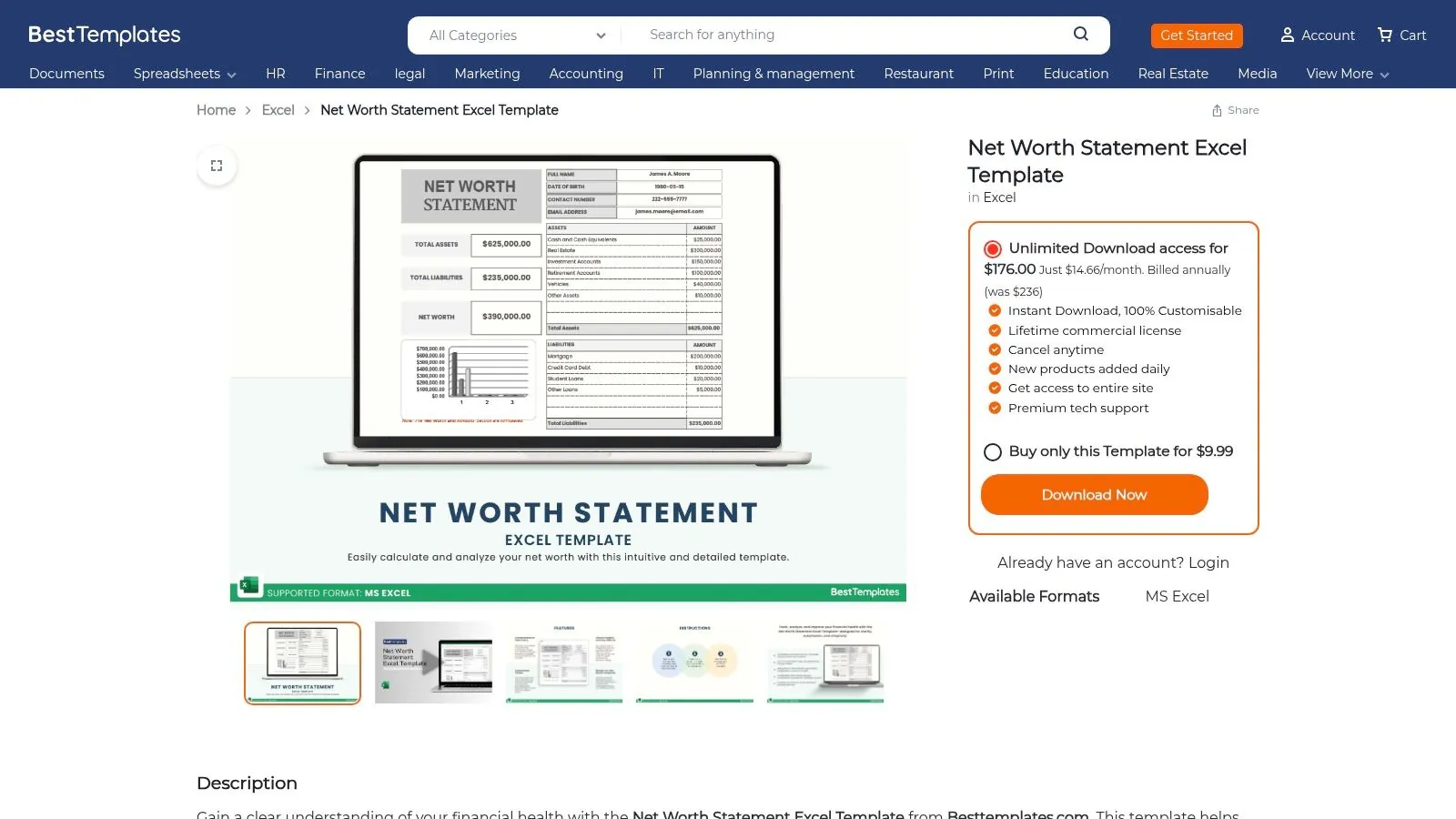 A screenshot of the BestTemplates.com website showing its Net Worth Statement Excel Template.