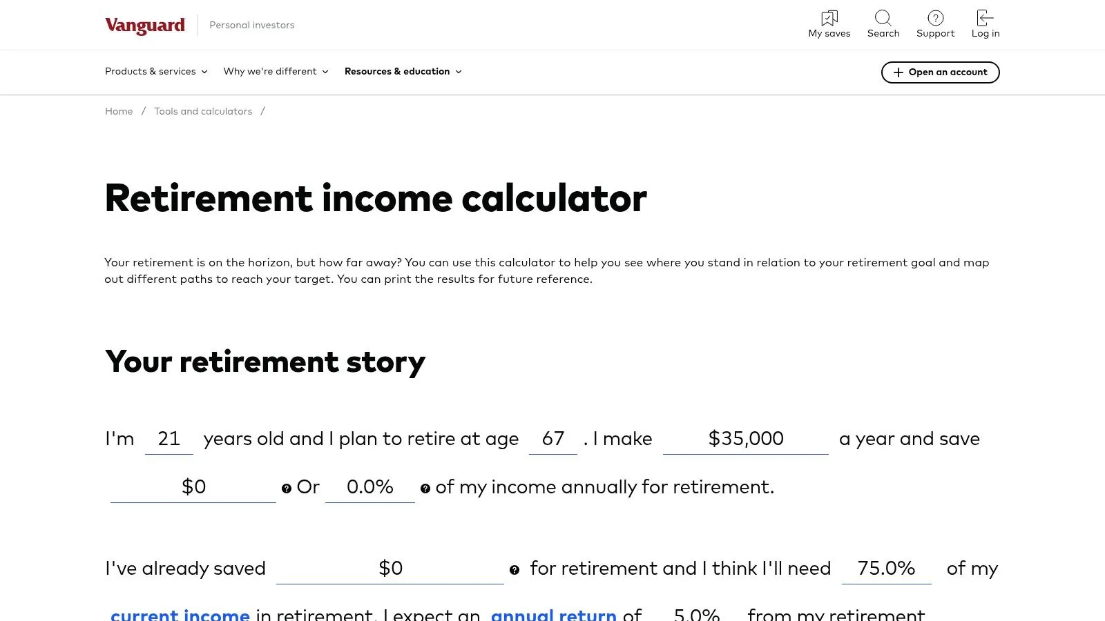 A user interacting with Vanguard's retirement calculator on a laptop