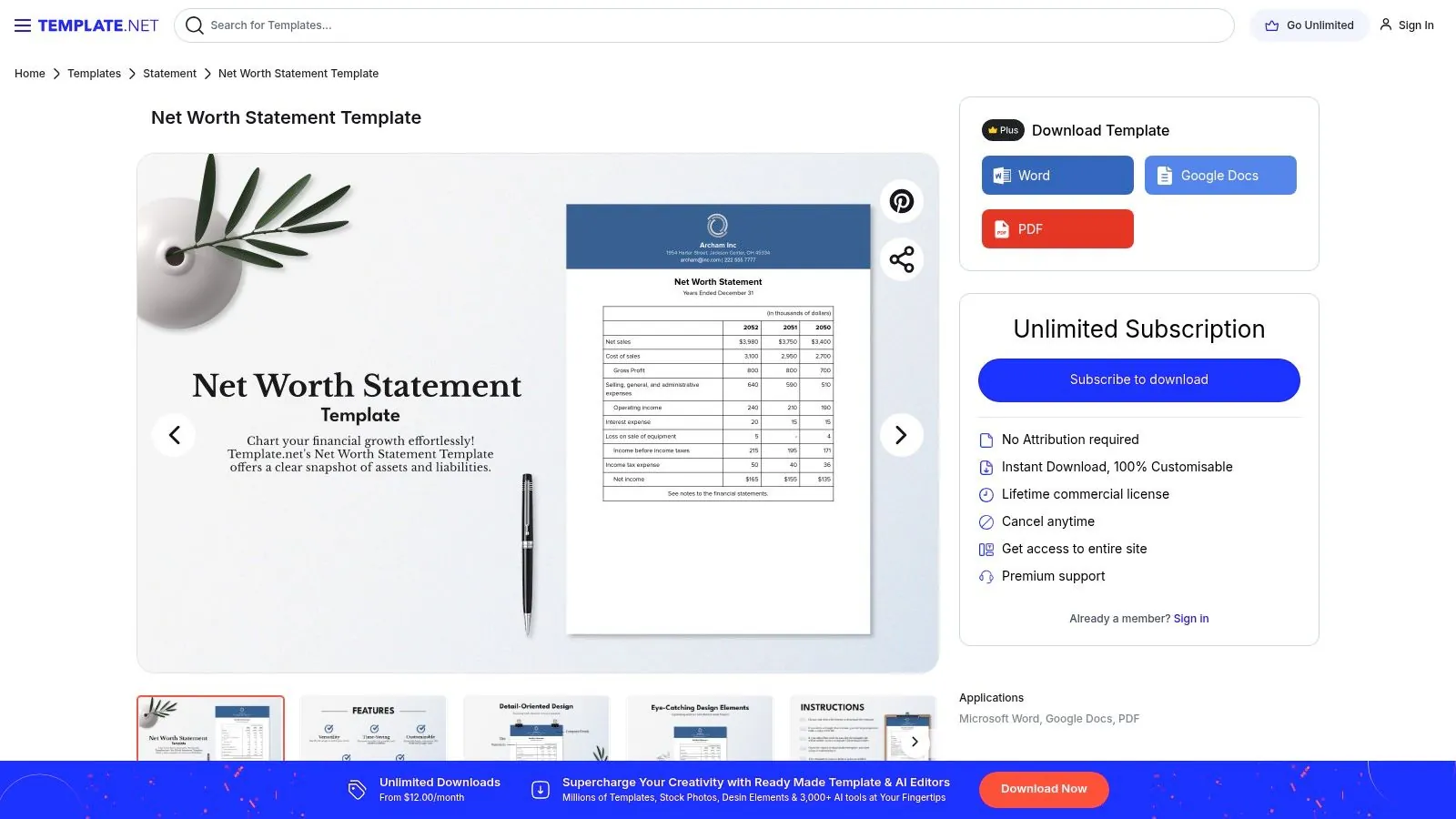 A screenshot of the Template.net website showing various net worth statement templates.