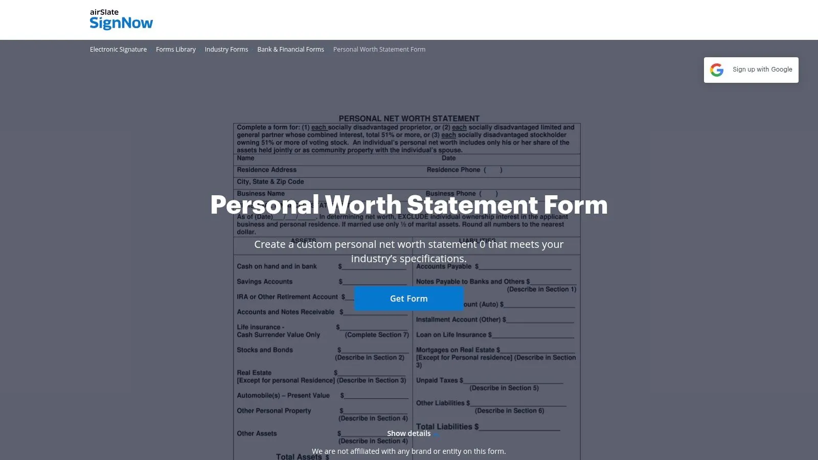 airSlate SignNow's interface for filling out a personal net worth statement.