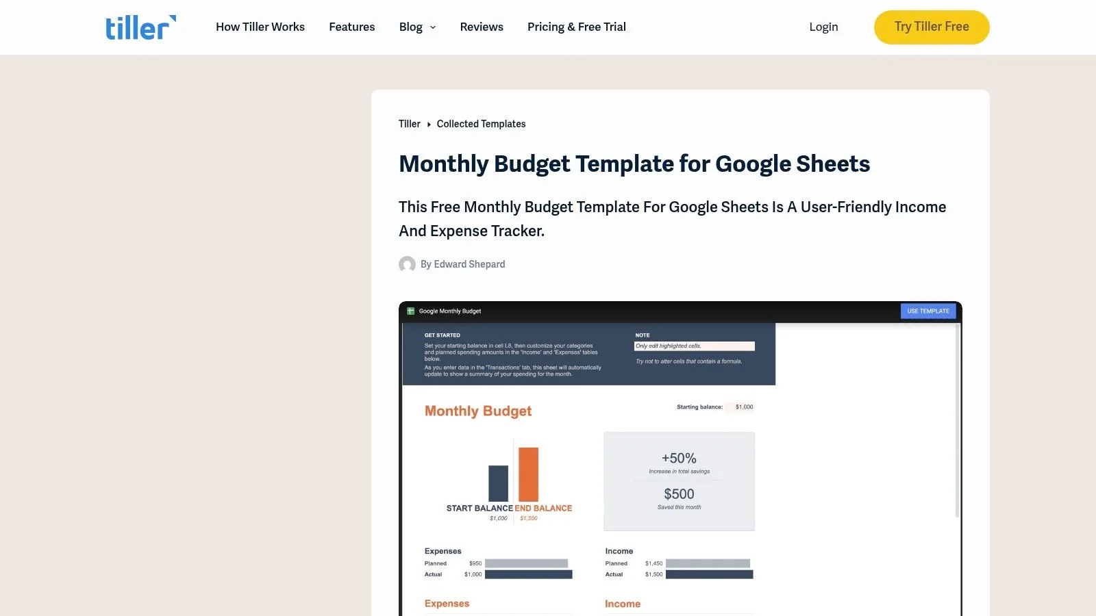 Google Sheets Budget Templates (Tiller community template referenced)