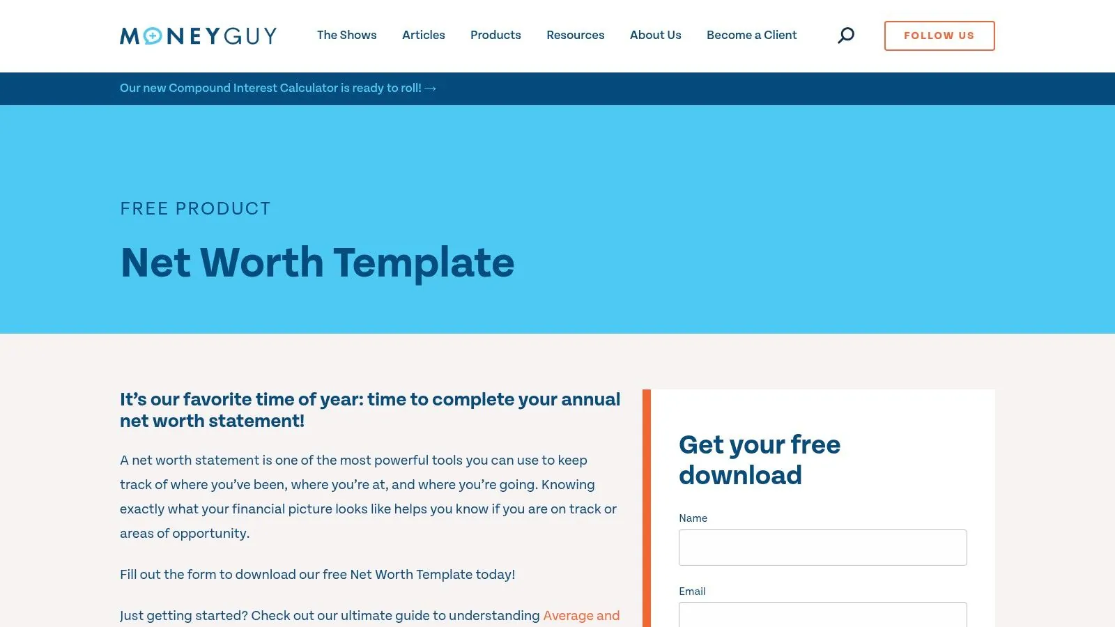 A screenshot of the Money Guy website showing their net worth template resource page.