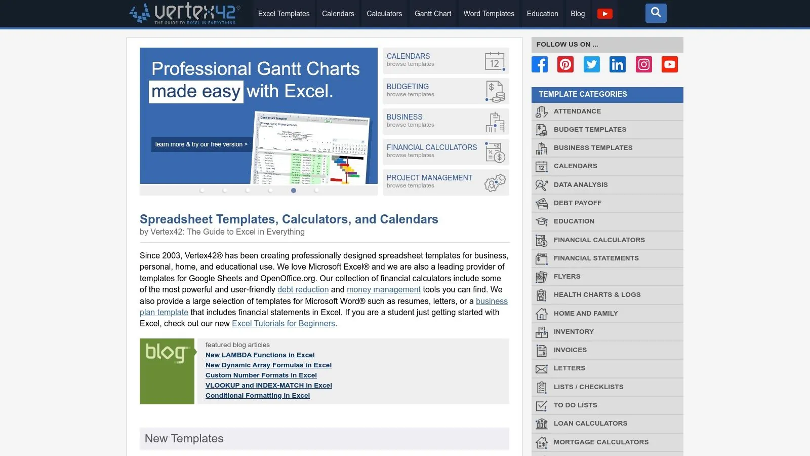 A screenshot of the Vertex42 website showing its Personal Financial Statement template.