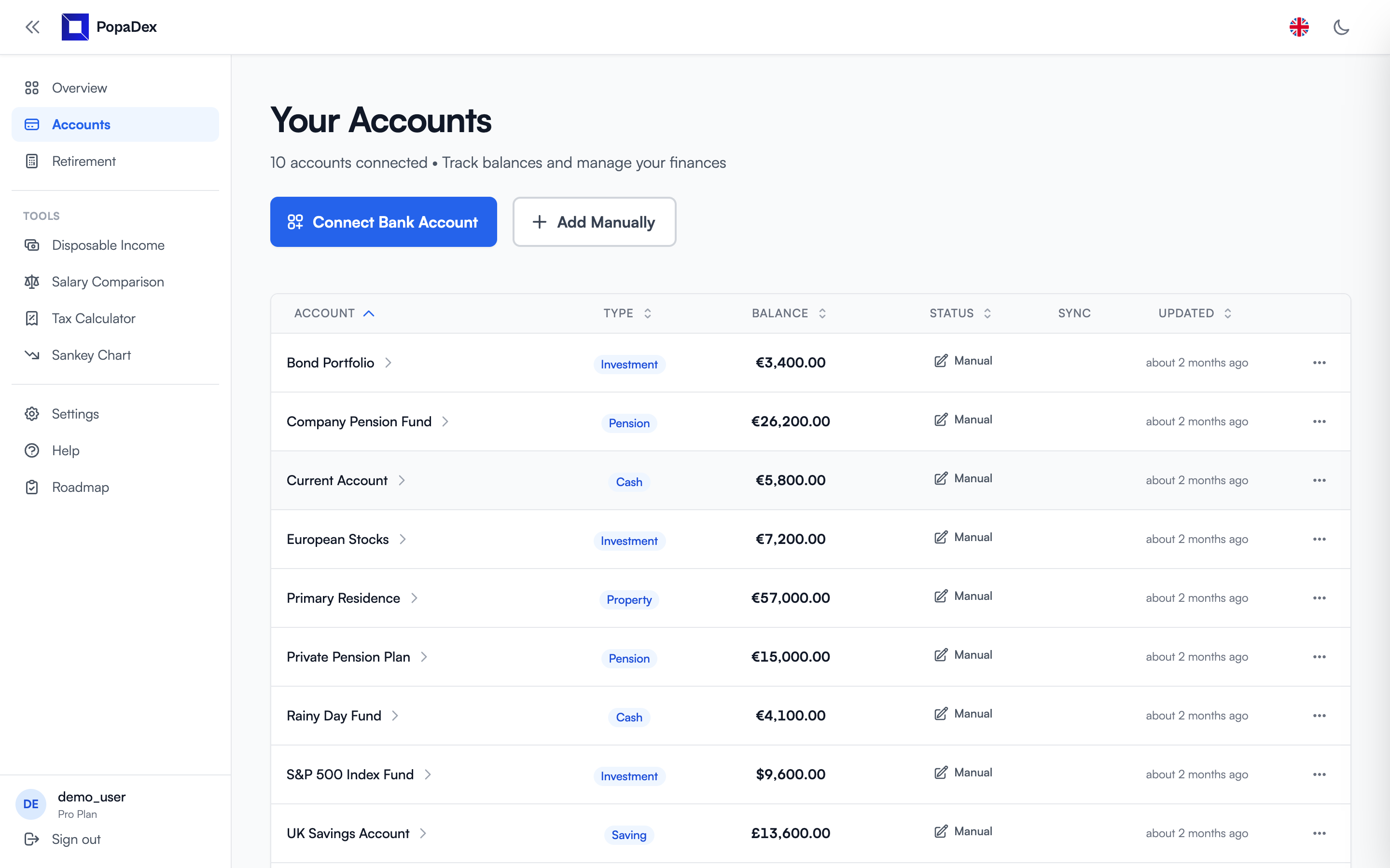 PopaDex connected bank accounts list
