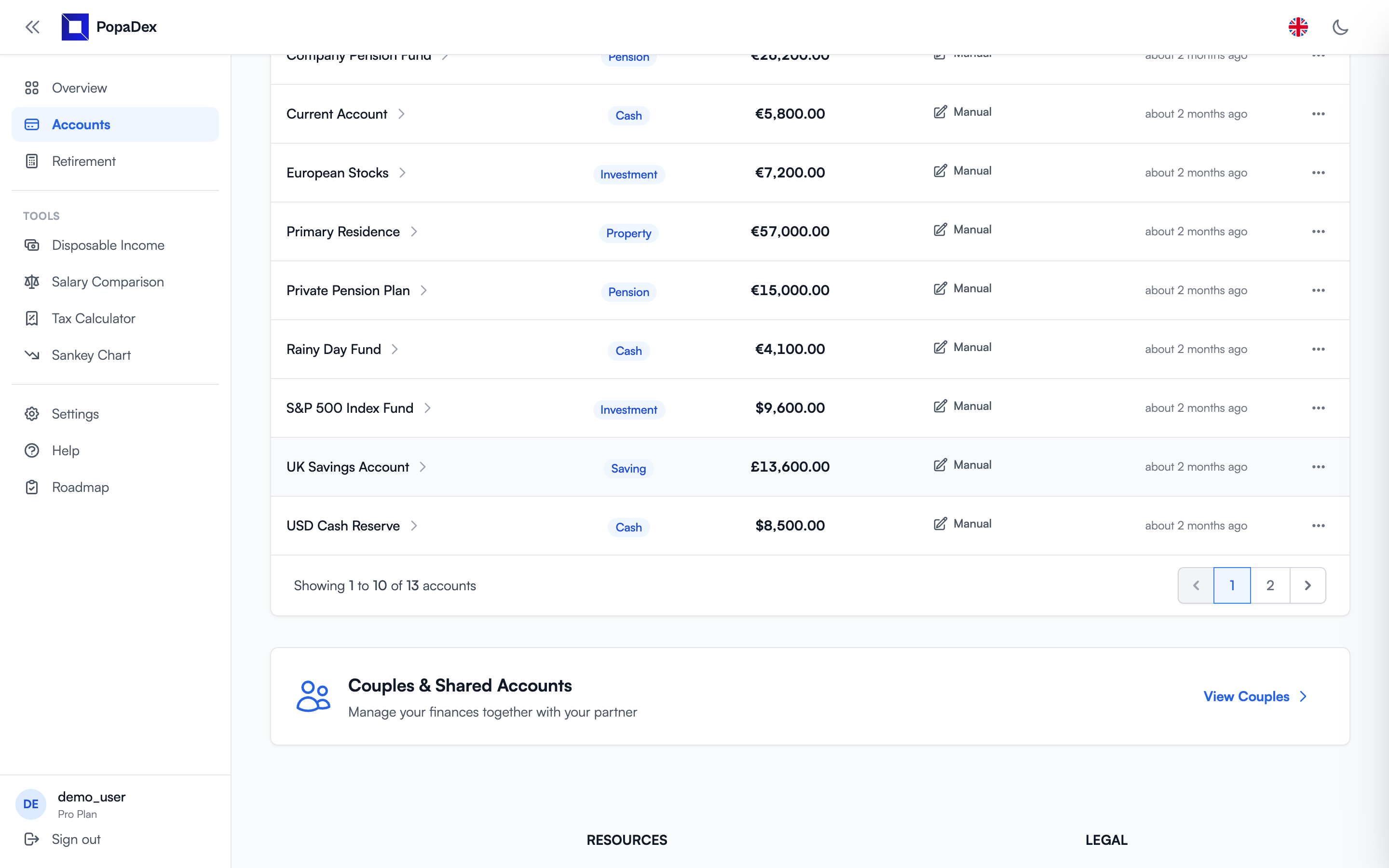 PopaDex multi-currency account balances