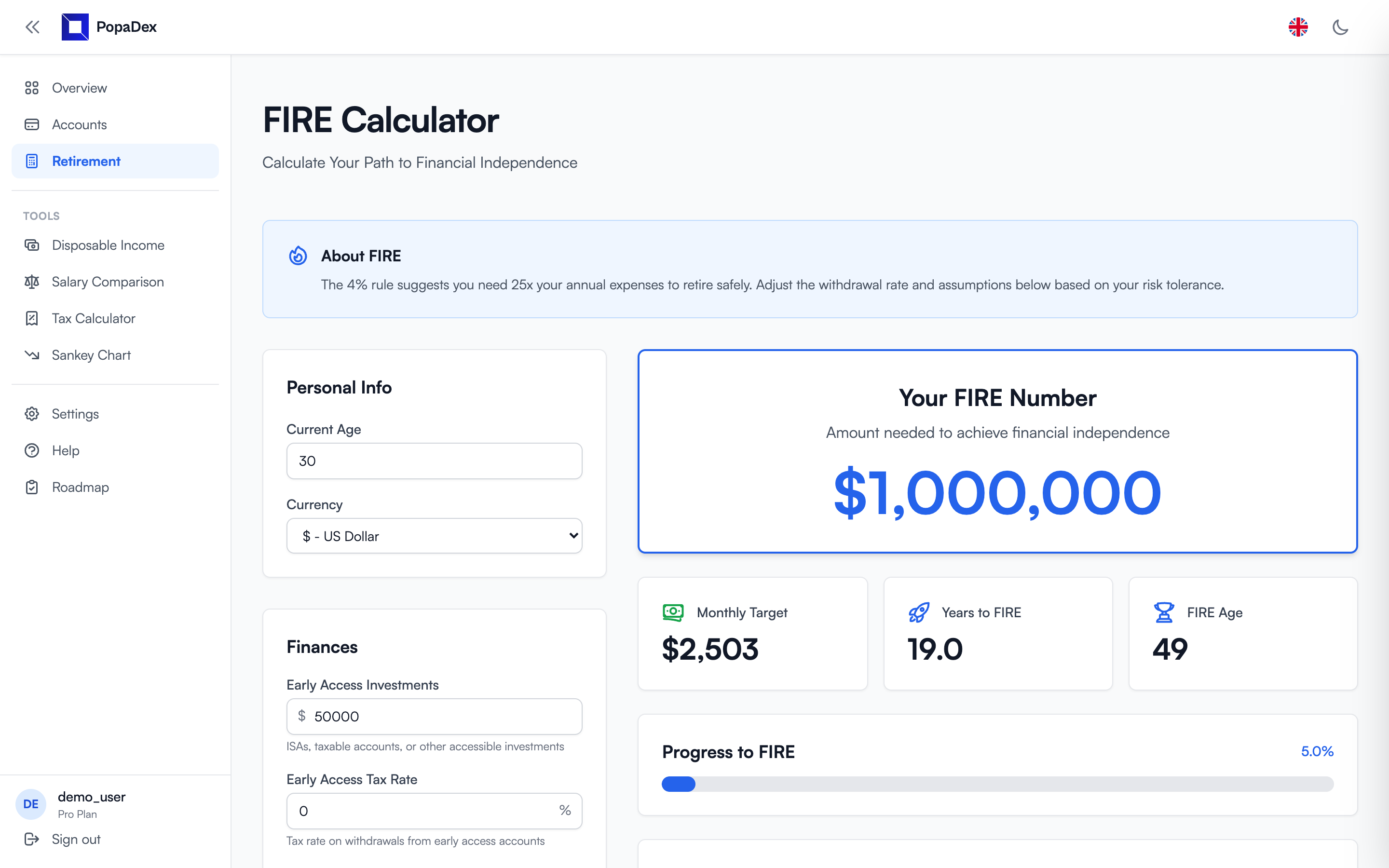 PopaDex FIRE retirement calculator
